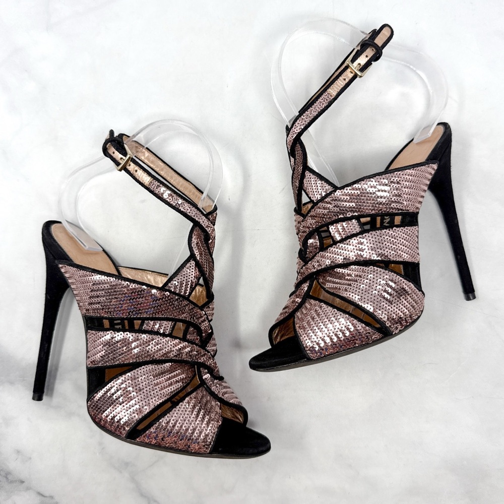 TOM FORD Sequin Suede Caged Ankle Strap Sky High Stiletto Sandal Heels Pink 38